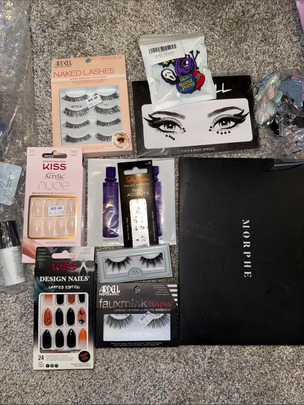 Morphe Black Palette with Assorted Makeup Accessories - Black nails lashes lot
